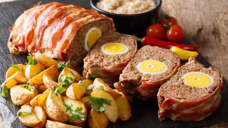 Meatloaf with boiled egg and bacon