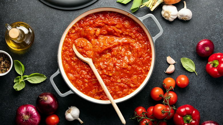 Tomato sauce in a ceramic pot