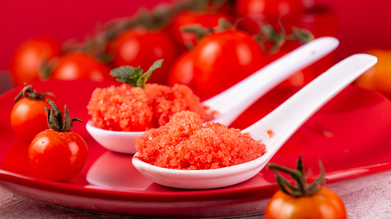 tomato sorbet on two spoons