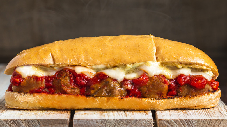 Meatball sub with halved meatballs