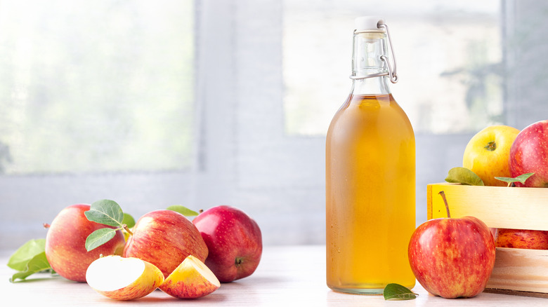 bottle of apple cider vinegar with apples