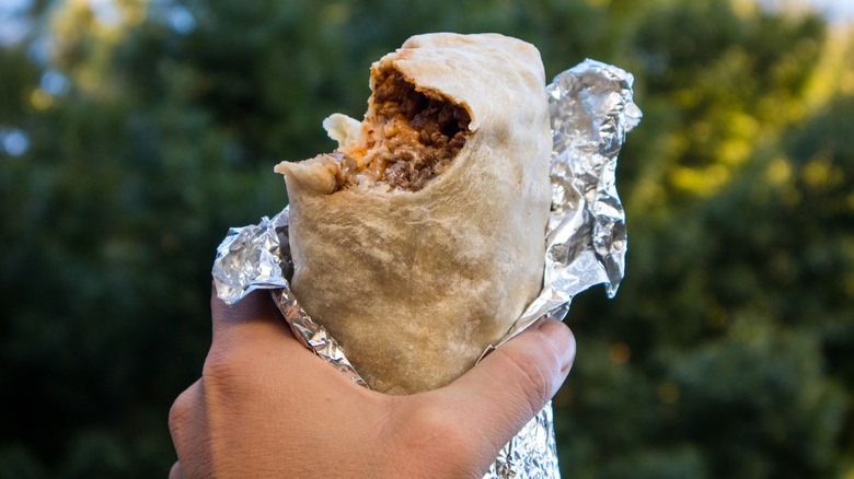 person holding wrapped beef burrito