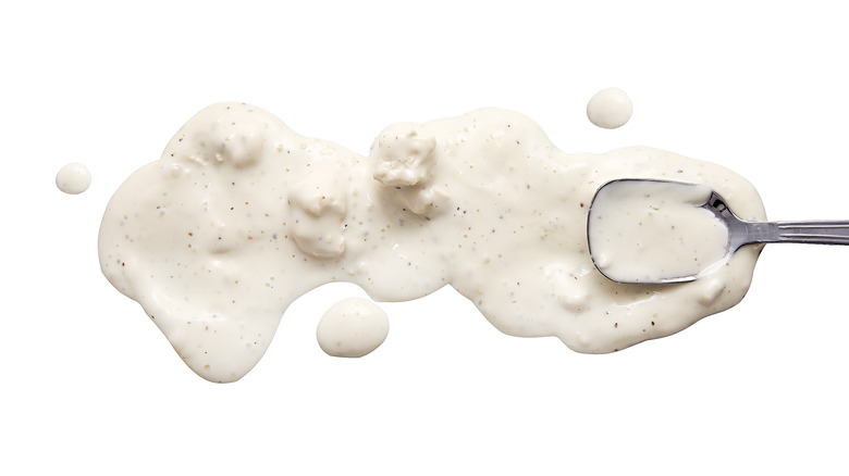 Blue cheese dressing spread on a white backdrop