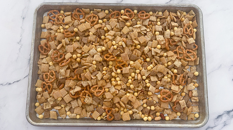 Chex mix on baking sheet