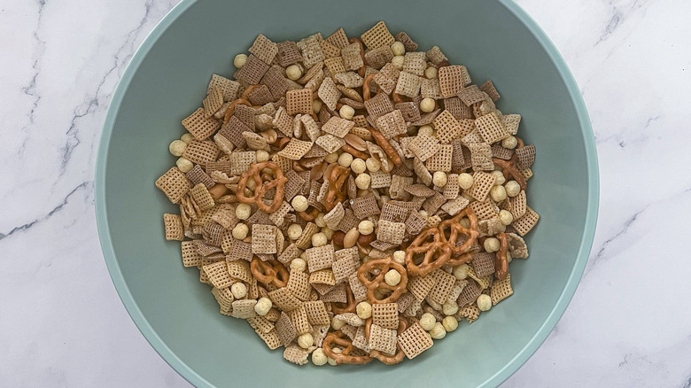 cereals and pretzels in bowl