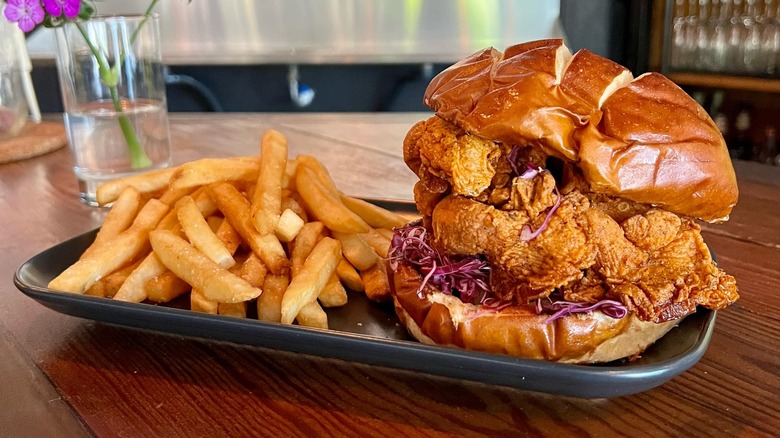 Vegan chicken sandwich and fries