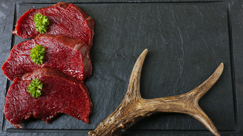 Venison meat and antler on black slate