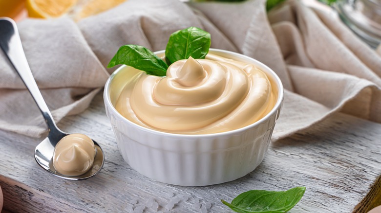 Homemade mayonnaise in a ramekin