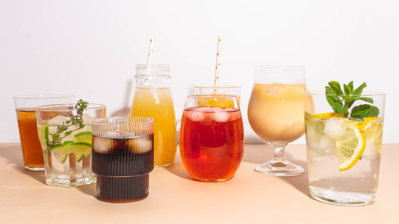 Non-alcoholic drinks in various glasses with ice