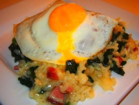 Bacon & kale Risotto with fried egg.