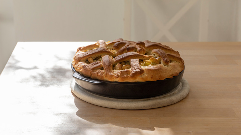 Rhubarb pie on table