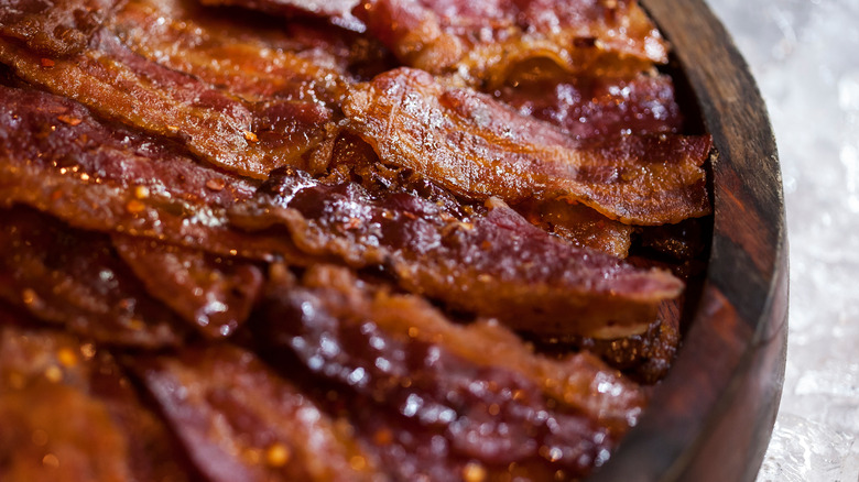 candied bacon in wooden bowl