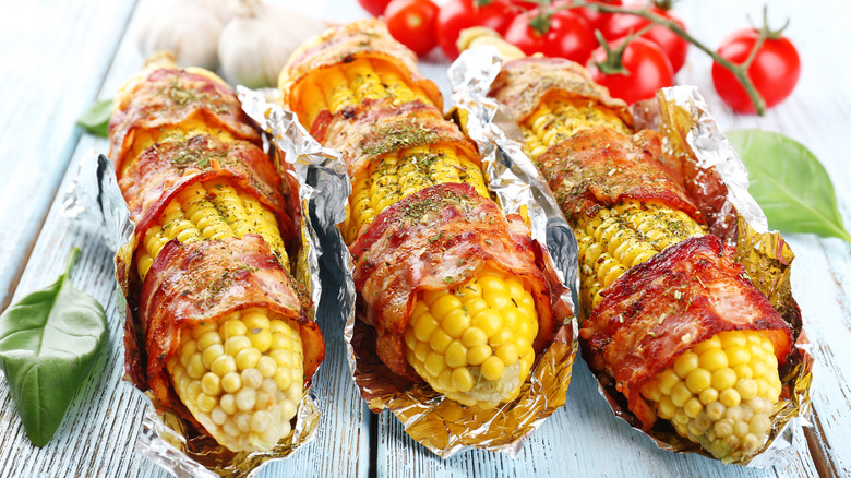 Bacon wrapped corn on the cob