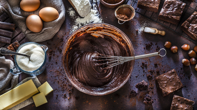 Brownie batter and ingredients