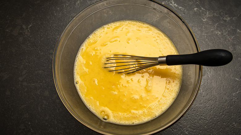 Whisked eggs in a bowl