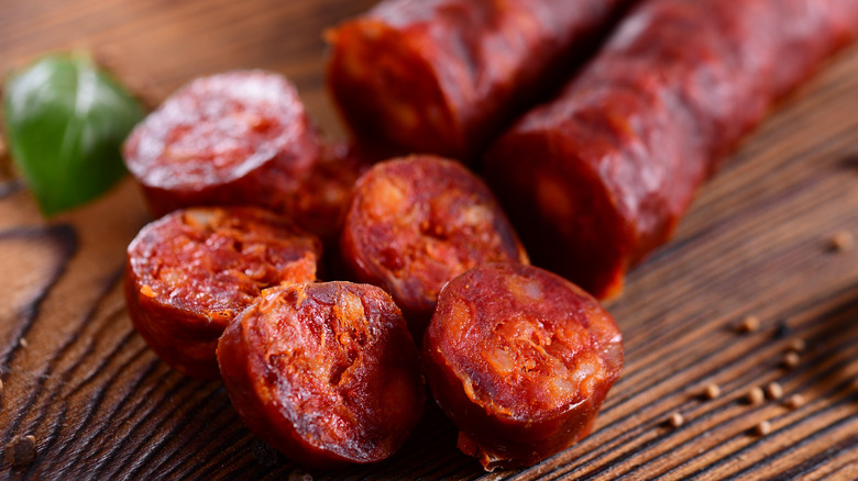 close up of sliced chorizo on wood