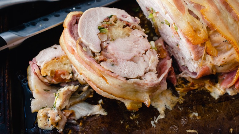 close up of bacon wrapped turkey roulade