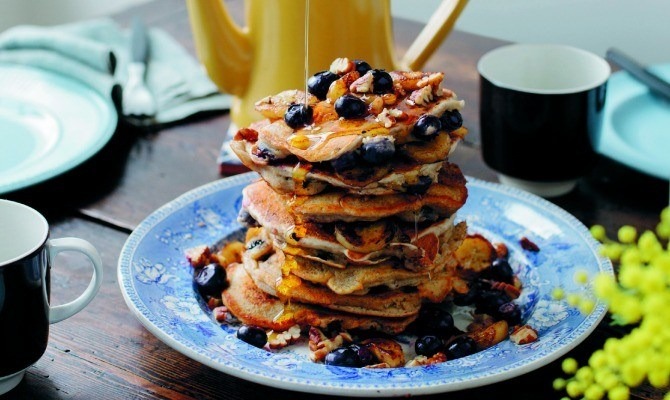 Banana, Blueberry, and Pecan Pancakes