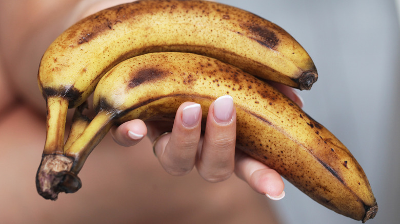 Hand holding overripe bananas