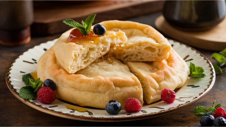 bannock bread topped with berries and syrup