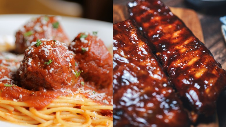 Split image: spaghetti and ribs
