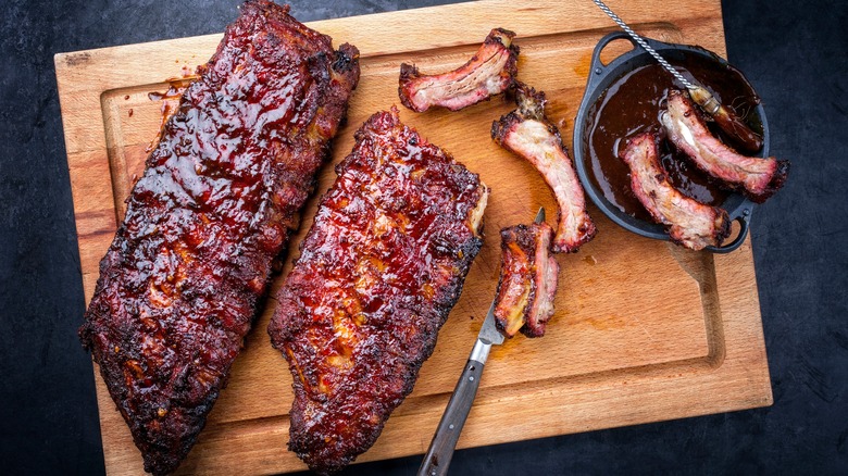 barbecued meat on wooden meat