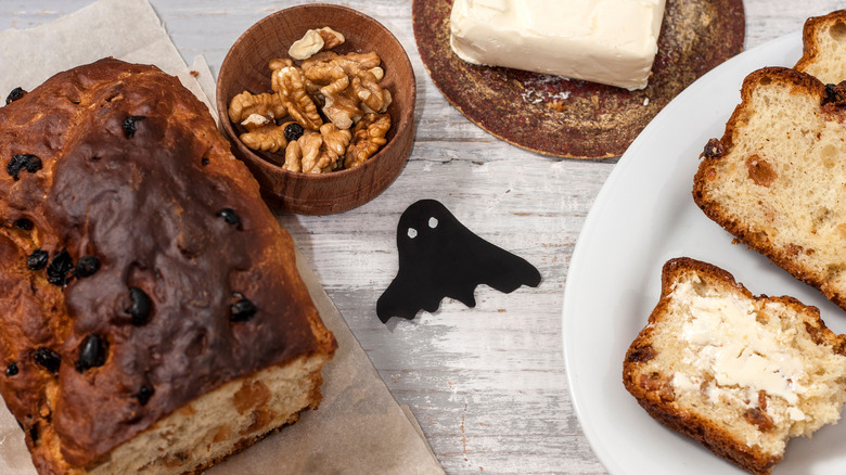 Loaf of barmbrack with walnuts and ghost cutout