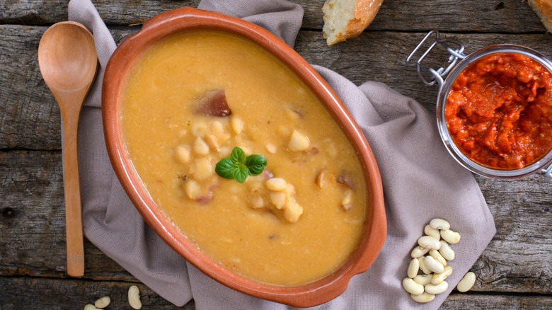 Crock of soup with beans