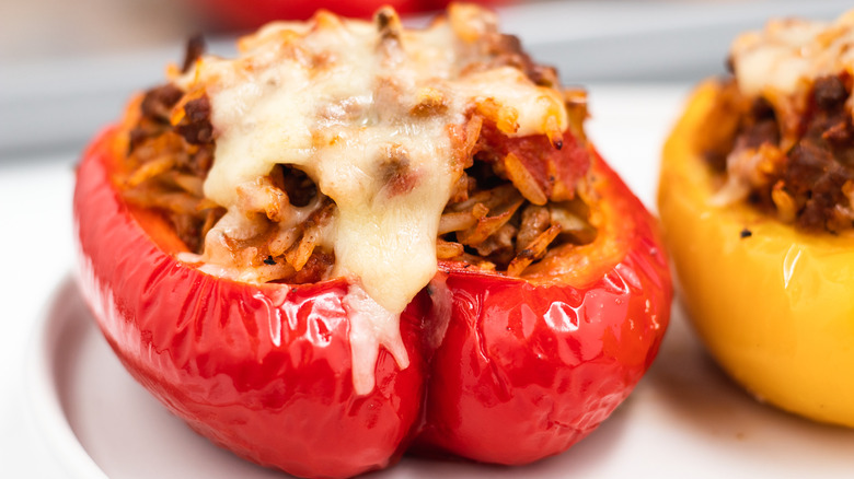 beef and cheddar stuffed peppers on plate 