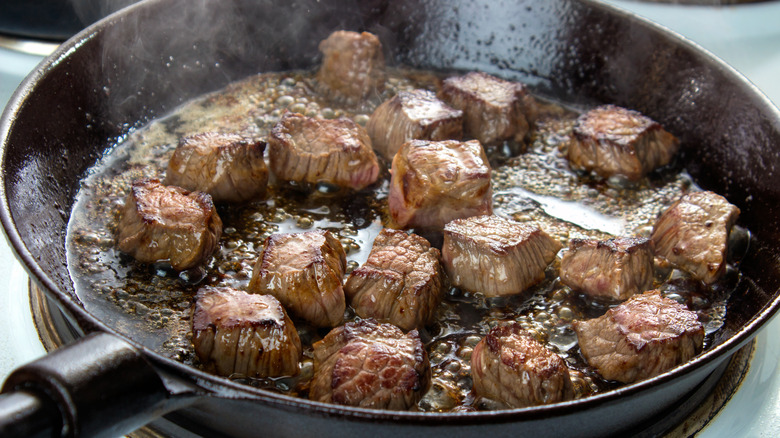 Searing cubed beef