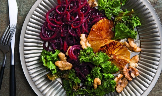 Beet Pasta with Blood Orange, Honey Walnuts, and Crispy Kale