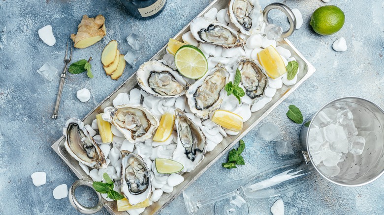 oyster delicacies on metal tray