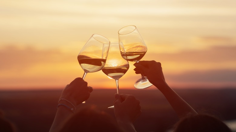 Toasting with wine at sunset