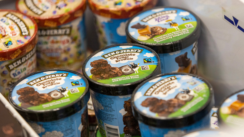 Ben & Jerry's pints in ice cream freezer