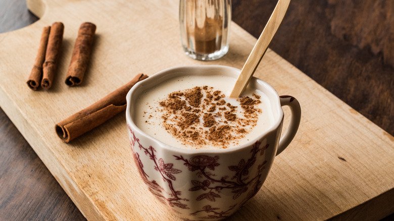 hot eggnog on a cutting board