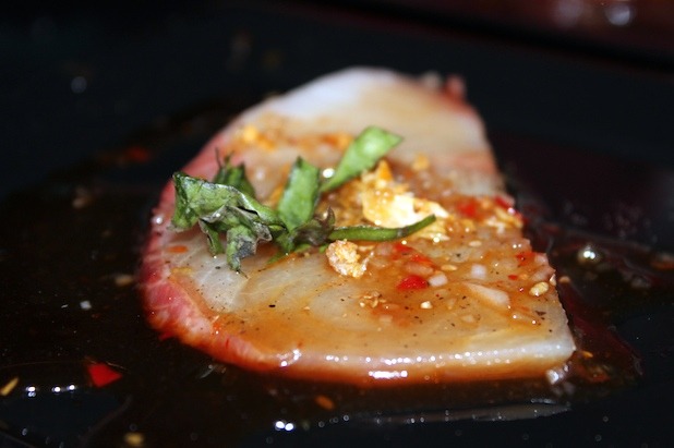 Hamachi Sashimi with Viet Mignonette Sauce, Fried Shallots and Thai Basil