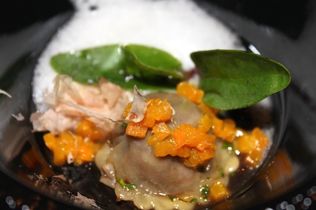 72-Hour Braised Oxtail Ravioli with Umeboshi, Curried Squash and Shaved Bonito