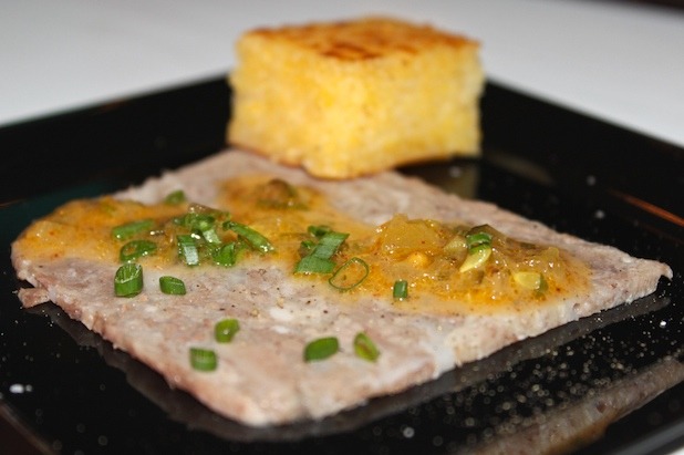 Head Cheese with Fried Cornbread, Bread & Butter Pickle Vinaigrette