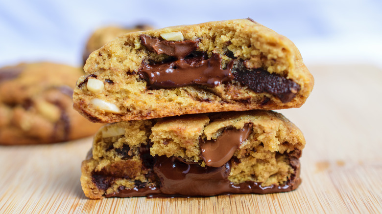 chocolate chip cookie split in half