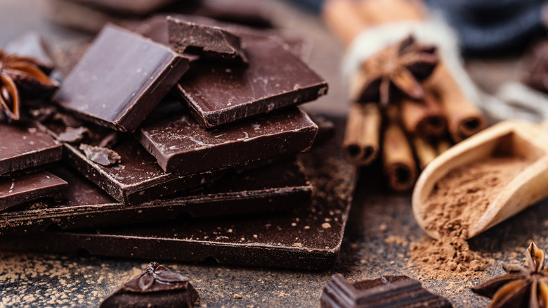 Dark chocolate pieces on a table 