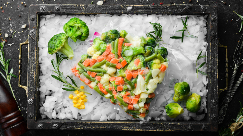 Frozen veggies on ice