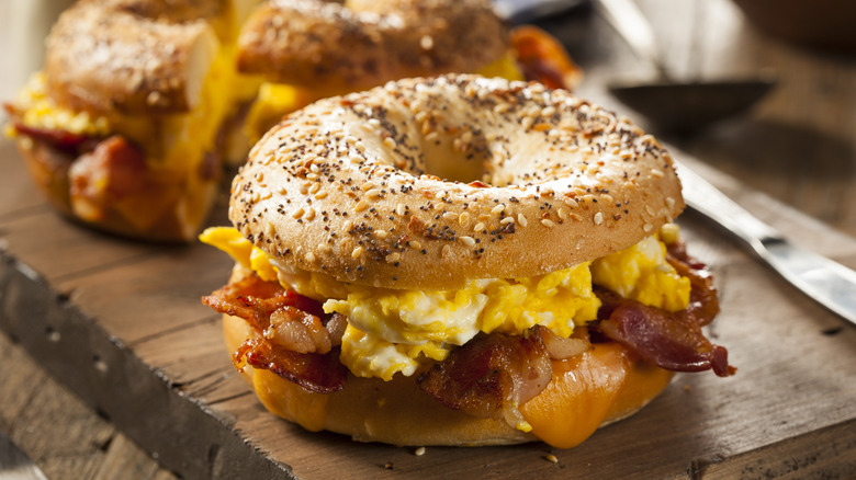 bacon egg and cheese breakfast sandwich on bagel