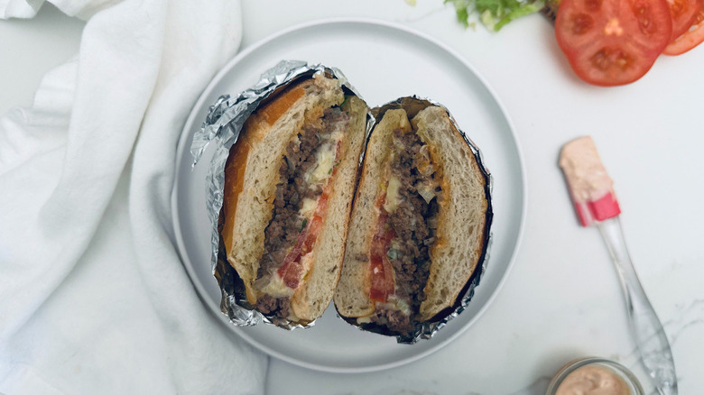 sandwich halves wrapped in foil