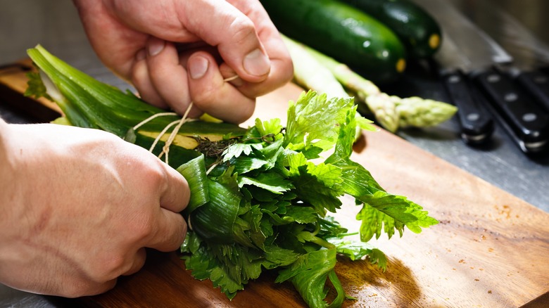 tying bouquet garni together