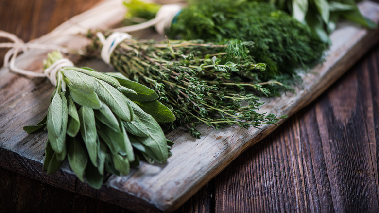 variety of herbs on wooden board