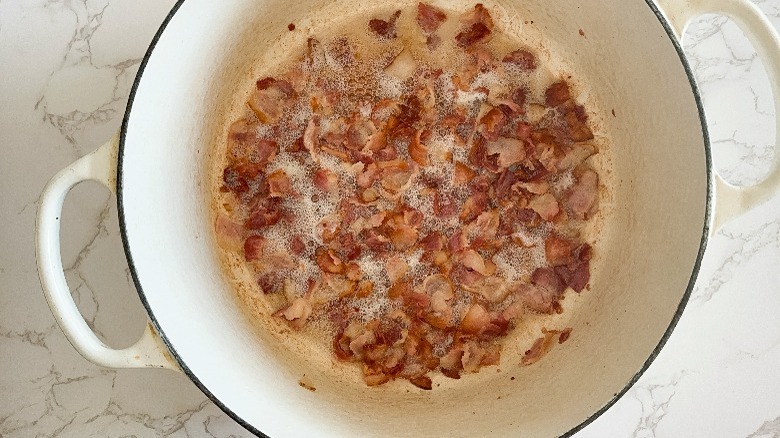 cooked bacon in stockpot