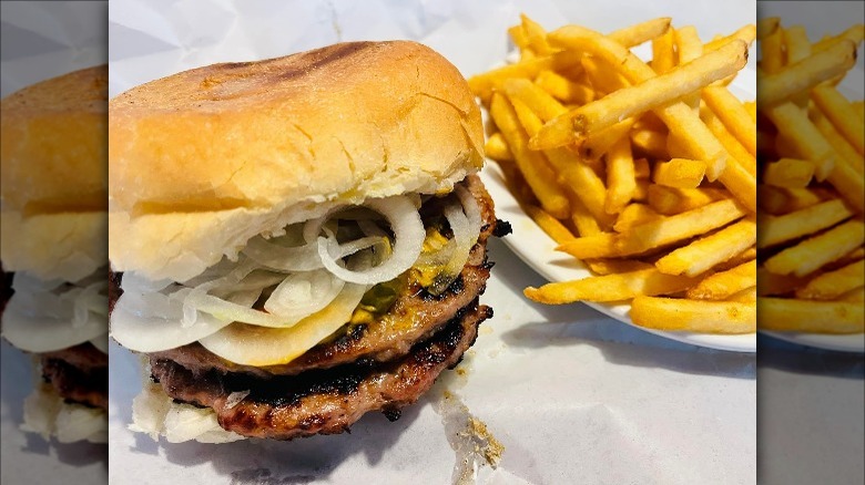 Brat patty burger with fries from Schulz's Restaurant