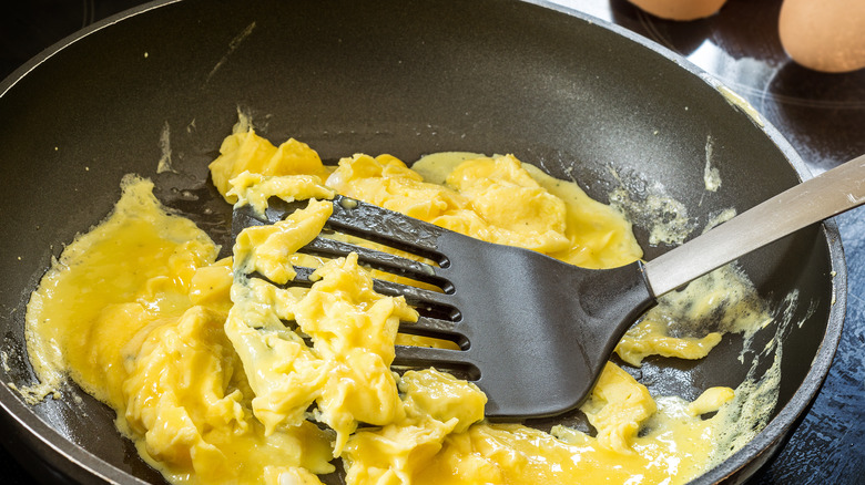 Skillet of scrambled eggs