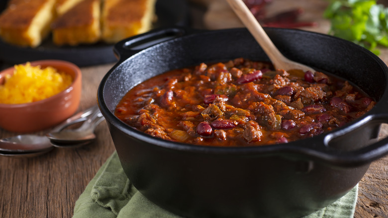 Cast iron pot of chili