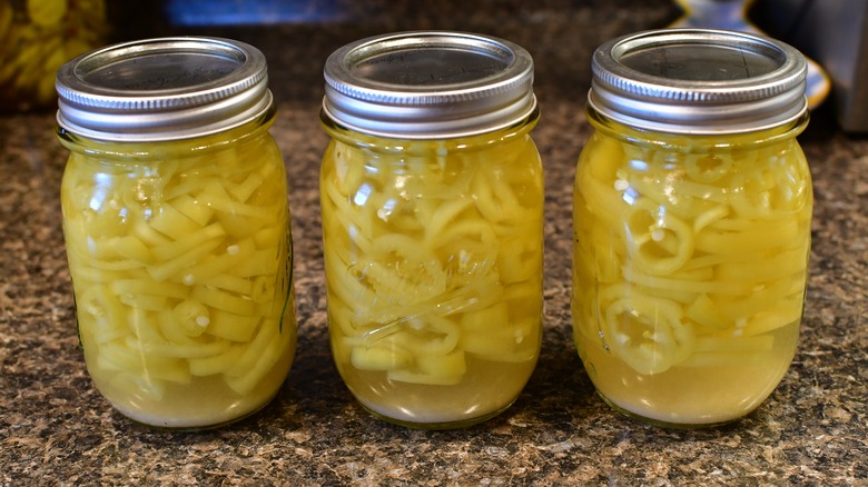 three jars of pickled banana peppers on a countertop